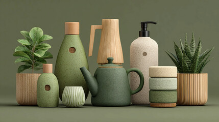 Eco-friendly household product arrangement showcasing sustainable material choices, reduced-impact functionality, responsible lifestyle cues, and visual emphasis promoting wider adoption regarding en