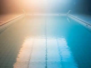Mystical indoor swimming pool, shrouded in haze and pastel lightings