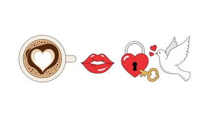Coffee heart latte art, red lips kiss, love padlock with key, and dove bird icons for romance and valentines day