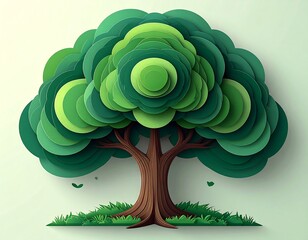 Stylized paper art tree with layered green leaves and brown trunk
