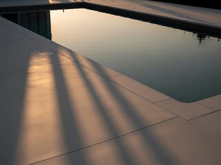 Tranquil swimming pool at twilight, casting long shadows and golden light