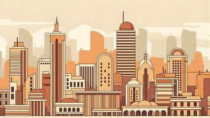 Obraz premium Warm vintage urban skyline illustration with detailed classic skyscrapers and soft retro tones.