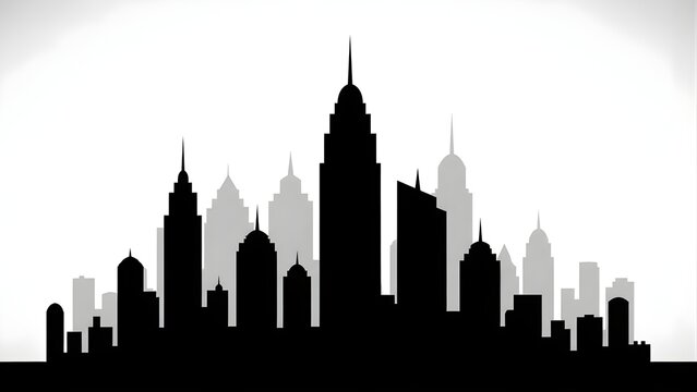Fototapeta Bold black city skyline silhouette of tall skyscrapers on white background minimal urban design.