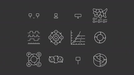 Animated diagrams white line icons. Statistical charts of data processing animation set. Corporate analytics processes. Organization. Isolated elements on dark background. Alpha channel HD video - Powered by Adobe