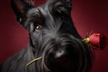 Black terrier breed dog holds a vibrant red rose gently in its mouth against a deep maroon background