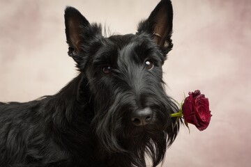 Portrait of a dark canine companion gently holding a deep red rose in its mouth