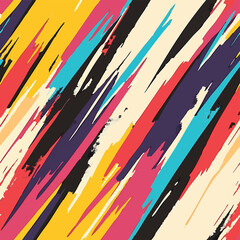 Seamless pop art inspired pattern with vibrant diagonal brush strokes, bold comic-style lines, and colorful retro texture. Ideal for fabric, wallpaper, wrapping paper, and digital design.