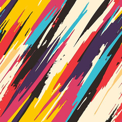 Seamless pop art inspired pattern with vibrant diagonal brush strokes, bold comic-style lines, and colorful retro texture. Ideal for fabric, wallpaper, wrapping paper, and digital design.