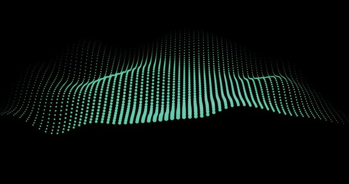 Abstract digital background featuring a flowing wave of glowing green dots arranged in a grid pattern on a blalck background. Represents data visualization, technology and sound waves