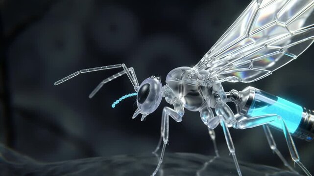 Robotic mosquito stands on a textured surface with translucent wings and a syringe like needle. Futuristic medical drone concept that evokes precision injections, microdosing, laboratory research and 