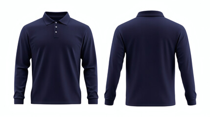 Stylish navy blue long sleeve polo shirt mockup showcasing front and back design for apparel branding and fashion presentation
