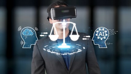 A business professional engages with virtual reality technology, illustrating the integration of artificial intelligence in the legal field. Ideal for tech and law visuals. Raster