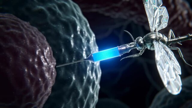 Robotic insect drone hovers above textured cellular surfaces with translucent iridescent wings and a luminescent needle tail. Metallic exoskeleton reflects cool highlights. Scene suggests medical nano