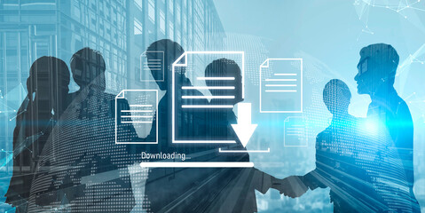 Visual representation of digital document downloading, showing file transfer, data access, and progress status for secure and efficient information retrieval Vouch