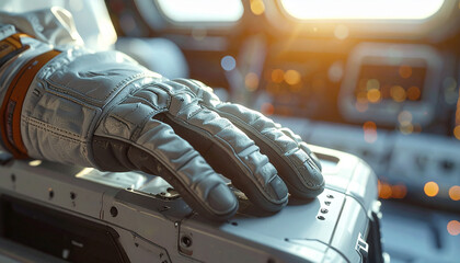 Astronaut's Journey in the Cosmos: An astronaut's gloved hand rests on a control panel inside a spacecraft, ready to embark on a journey into the vast expanse of the cosmos.