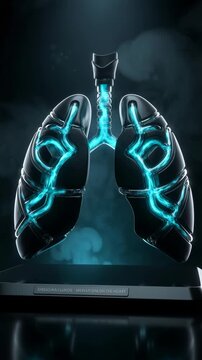 Futuristic lungs model features illuminated bronchial pathways in neon blue against a smoky dark background. The anatomical sculpture rests on a sleek black base and conveys medical technology and cli