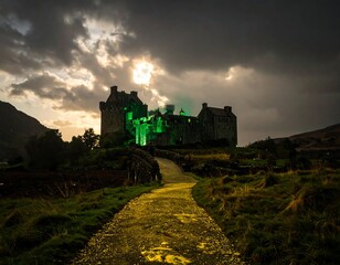 Stone castle on a path, illuminated by green light against a cloudy sky