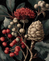 Red Berries and Exotic Seed Pods on Black