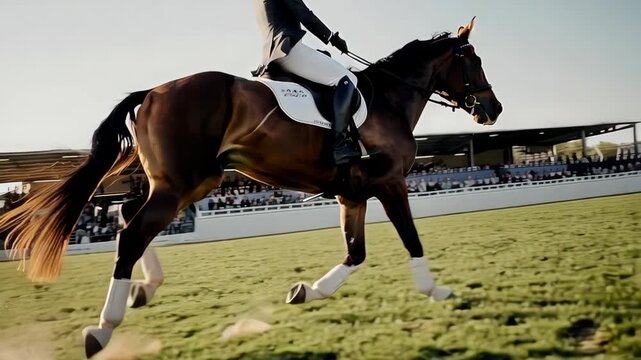 Equestrian Rider and Horse Competing in Outdoor Show Jumping Event.