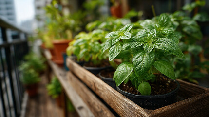 Edible plant cultivation on urban balcony, herbs and vegetables in pots, sustainable home gardening, micro-farming in limited space, eco-friendly design, vibrant plant growth visible in small-scale