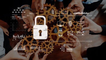 An engaging visual of hands holding interlocking gears with a lock symbol, representing teamwork, technology, and security in a modern business environment. Raster
