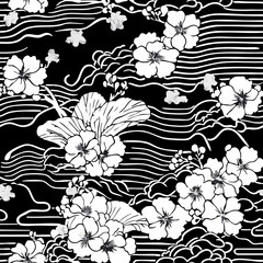 A collection of seamless black and white patterns featuring floral, abstract, ornamental, and wavy line motifs. Ideal for fabric, wallpaper, kimono design, and elegant backgrounds.