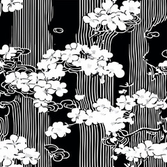 A collection of seamless black and white patterns featuring floral, abstract, ornamental, and wavy line motifs. Ideal for fabric, wallpaper, kimono design, and elegant backgrounds.