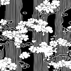 A collection of seamless black and white patterns featuring floral, abstract, ornamental, and wavy line motifs. Ideal for fabric, wallpaper, kimono design, and elegant backgrounds.