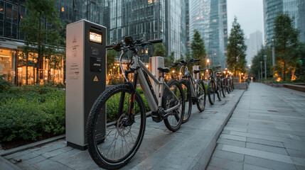 Electric bicycle charging station in urban setting, multiple e-bikes connected to infrastructure, sustainable transportation solution, modern city environment, clean  © laraib