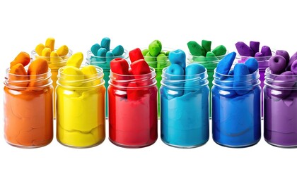 Colorful playdough jars with sculpted shapes on top, bright vibrant tones on a clean white background, perfect for kids creativity, learning, playtime, and educational toy concepts.