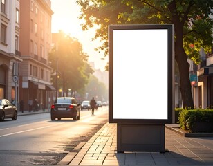 Sunny street scene featuring a blank advertising display
