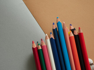 色画用紙の上にあるたくさんのカラフルな色鉛筆の様子