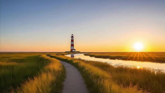 Red and white striped lighthouse at sunset with pathway through grassy marsh.