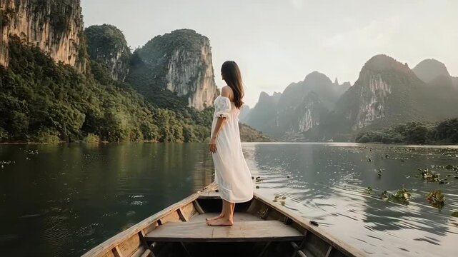 Woman in White Dress Standing on a Boat in a Serene Lake with Majestic Mountains in the Background.