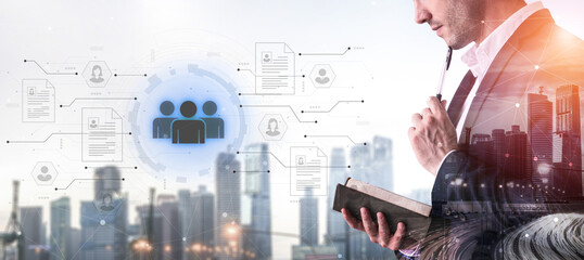 Concept of a digital human resources platform for workforce management. An applicant tracking system helps in team building by organizing employee and candidate profiles. Fermion