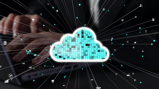 A digital cloud technology concept showing hands typing on a laptop, surrounded by symbols representing network connectivity and data flow in a modern workspace. Xenic - Powered by Adobe