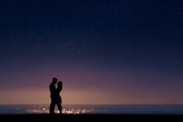 standing very close together, centered composition with clean negative space around them, strong rim light outlining their silhouettes from behind, glowing softly around their bodies, soft moonlight 