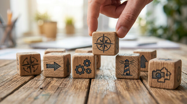 Wooden cubes featuring strategic direction icons aligned manually using crisp macro detail and smooth blurred surroundings