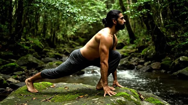 Man Practicing Yoga Lunge Pose Surya Namaskar in Forest Nature