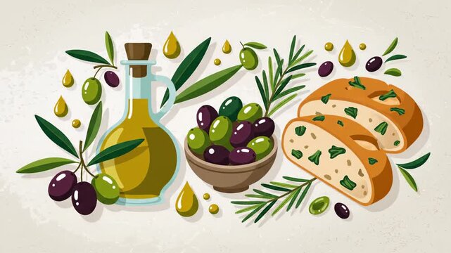 Olive oil, olives and bread illustration