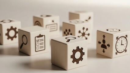 Obraz premium Wooden cubes featuring workflow coordination icons placed precisely with macro sharpness and soft neutral blurred backdrop