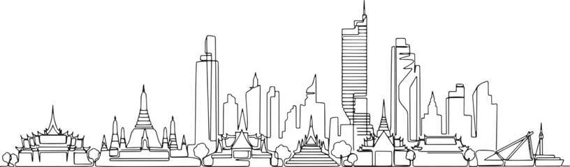 Naklejka premium Minimal black single-line illustration of Bangkok City skyline, isolated on white.