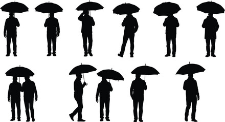 Silhouette of people holding umbrellas set, men walking in rain, rainy day autumn weather concept, human figures standing under parasol for seasonal design. © MstShahanaz