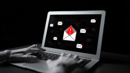 An AI assistant detects a critical cybersecurity threat, identifying a phishing email in the inbox. This smart system issues a warning to prevent a malware attack and data breach. Fermion