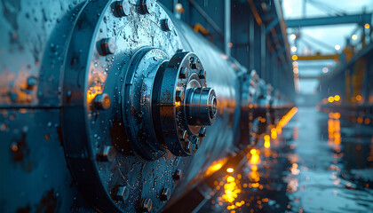 Industrial Machinery close-up: A close-up shot of industrial machinery, showcasing intricate metal details in an industrial setting, with a touch of the environment.
