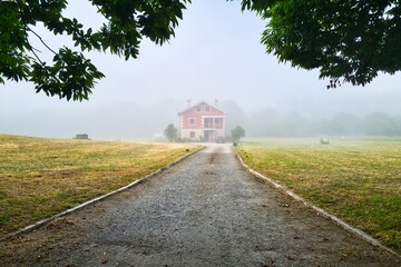 길거리, sky, 경관, 네이처, 목초, home, 나무, 농촌, 시골, 경로, 들판, green, 국가, 여름, 건물, 길, 고개, 여행, 봄, 경작, 방갈로, 때