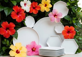 Elegant White Dishes Arranged with Colorful Hibiscus Flowers for Dining Setting
