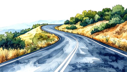 Fototapeta premium Winding road through hills, watercolor style