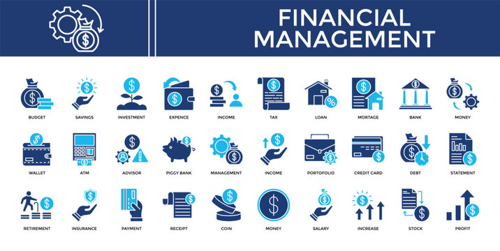 Financial management icon set collection. Containing invest, calculate, increase, retirement, profit, insurance, management .Solid vector icons collection