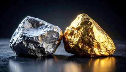Obraz premium Golden Nugget and Silver: Contrasting textures and tones of precious elements, gold and silver, evoke a sense of inherent value, opulence, and the raw beauty of natural resources.